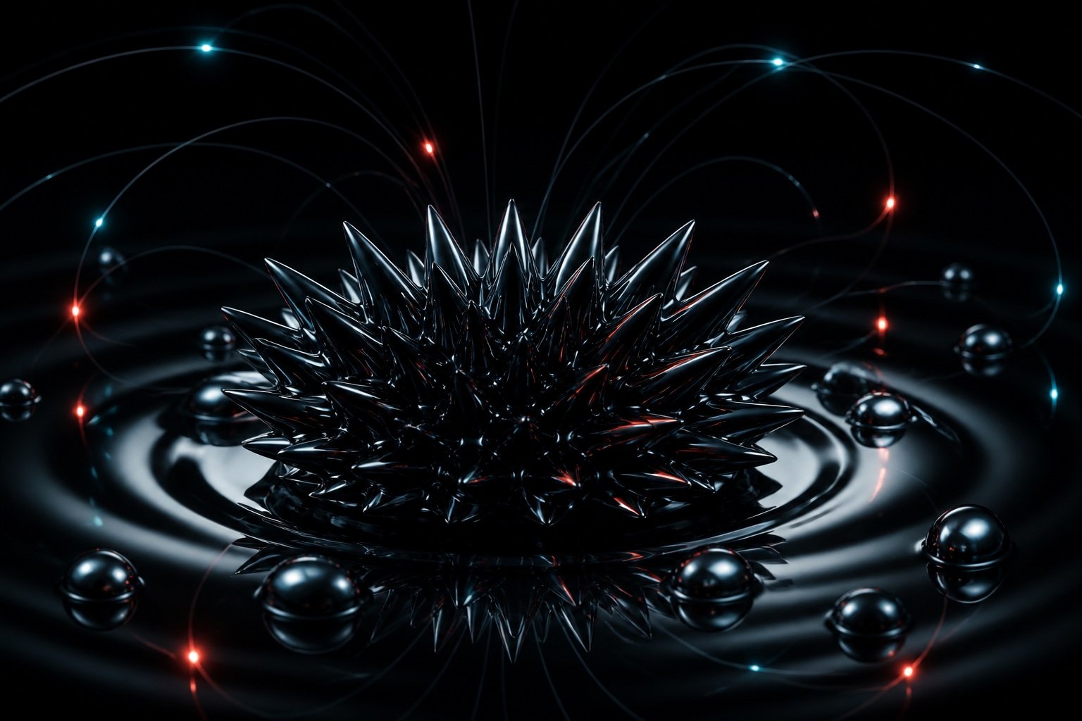 Glossy black ferrofluid magnetic core forming controlled spikes
